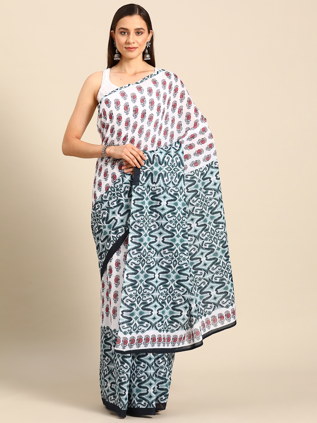 

BUTA BUTI Ethnic Motifs Printed Pure Cotton Saree, White