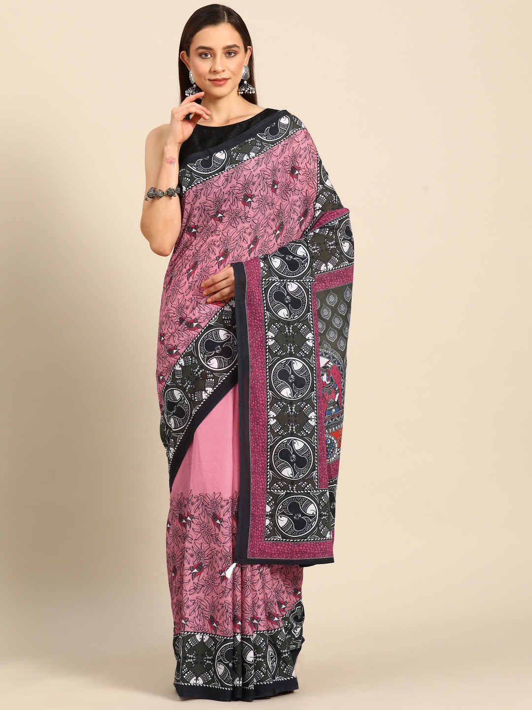 

BUTA BUTI Ethnic Motifs Printed Pure Cotton Saree, Pink