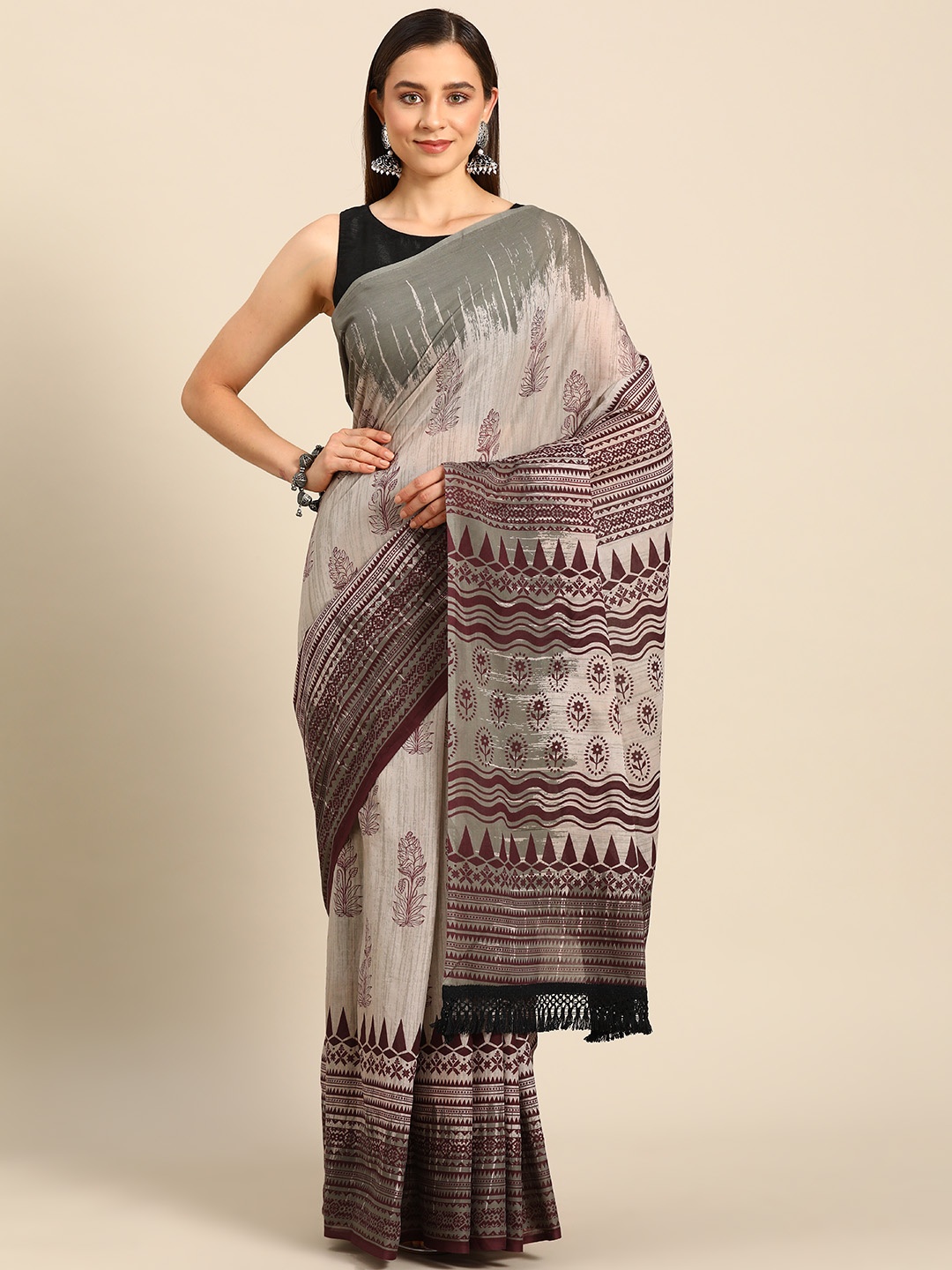 

BUTA BUTI Ethnic Motifs Printed Pure Cotton Saree, Beige