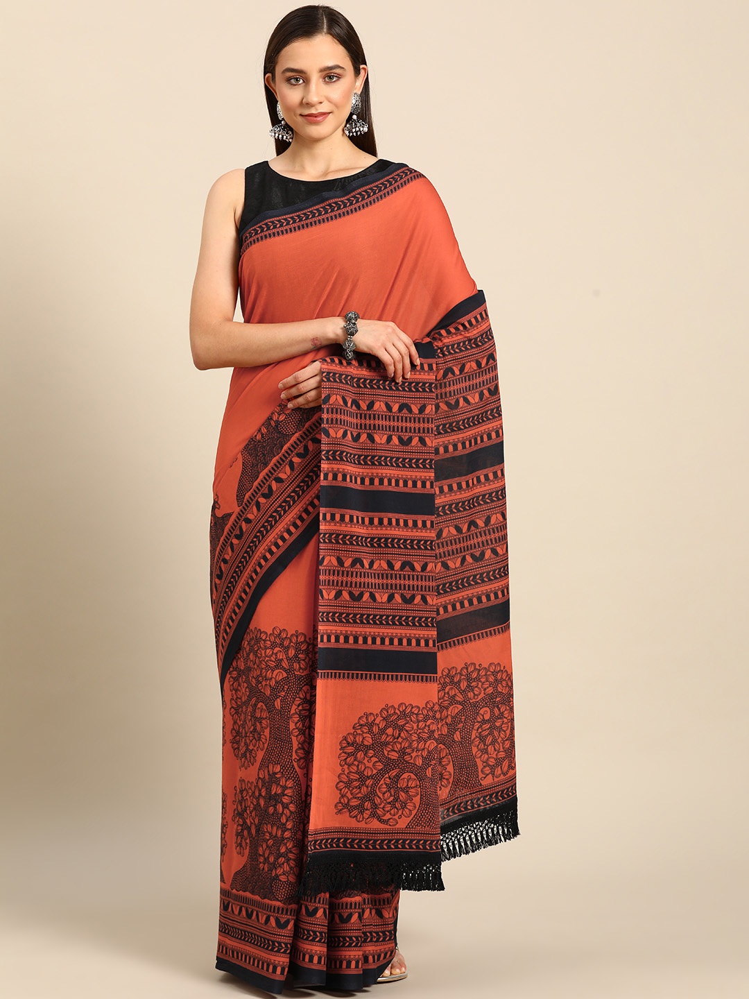 

BUTA BUTI Floral Printed Pure Cotton Saree, Orange