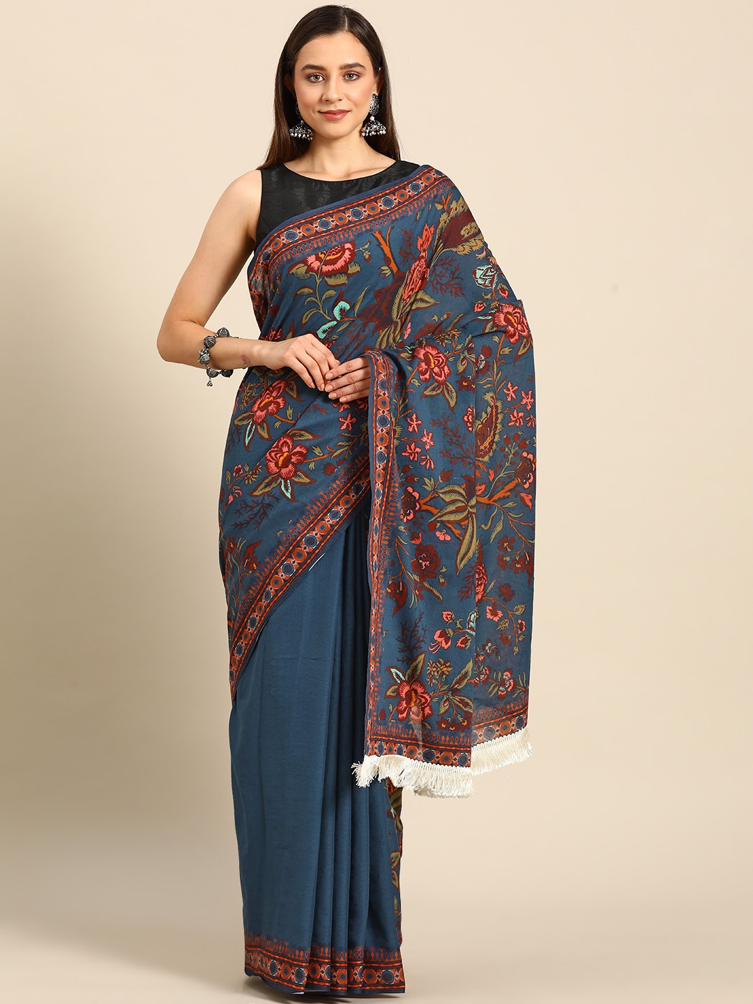 

BUTA BUTI Floral Printed Pure Cotton Saree, Blue