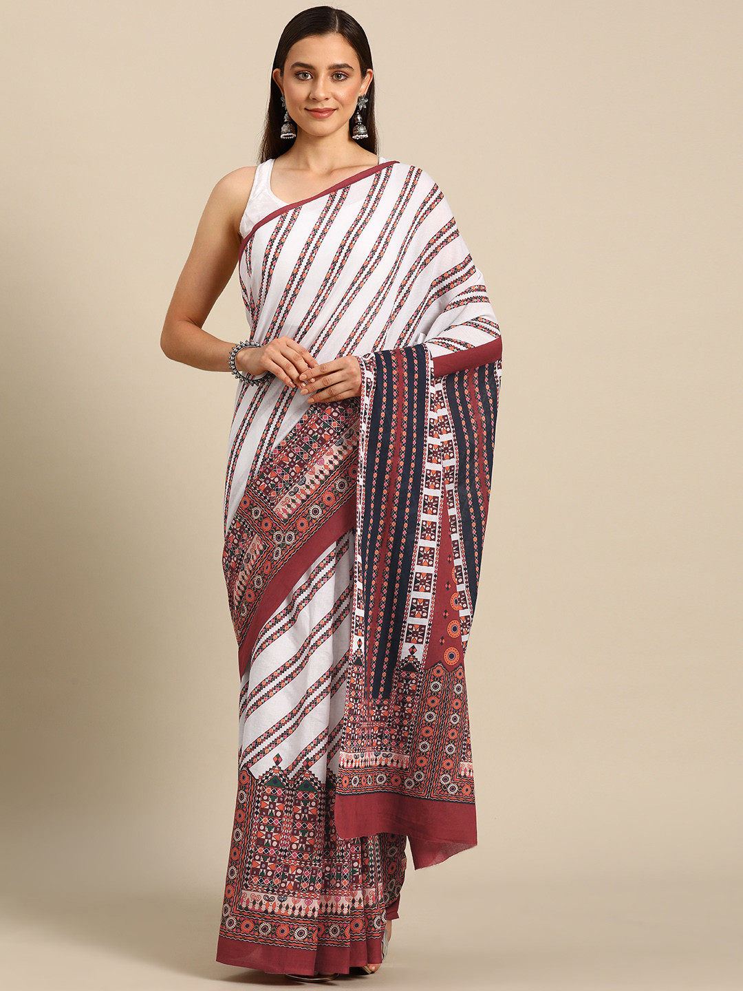 

BUTA BUTI Striped Pure Cotton Saree, White