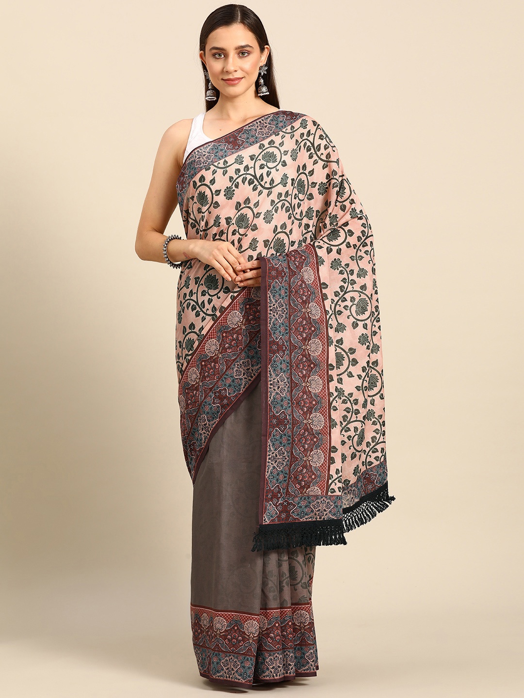 

BUTA BUTI Floral Printed Pure Cotton Saree, Peach