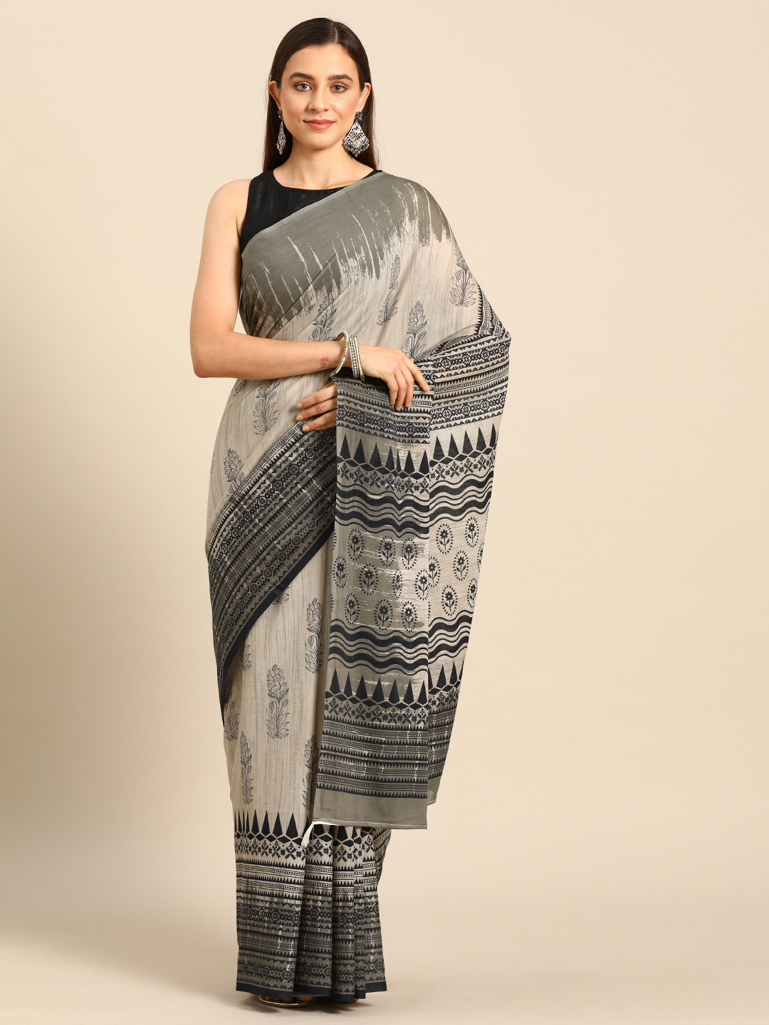 

BUTA BUTI Floral Pure Cotton Saree, Beige