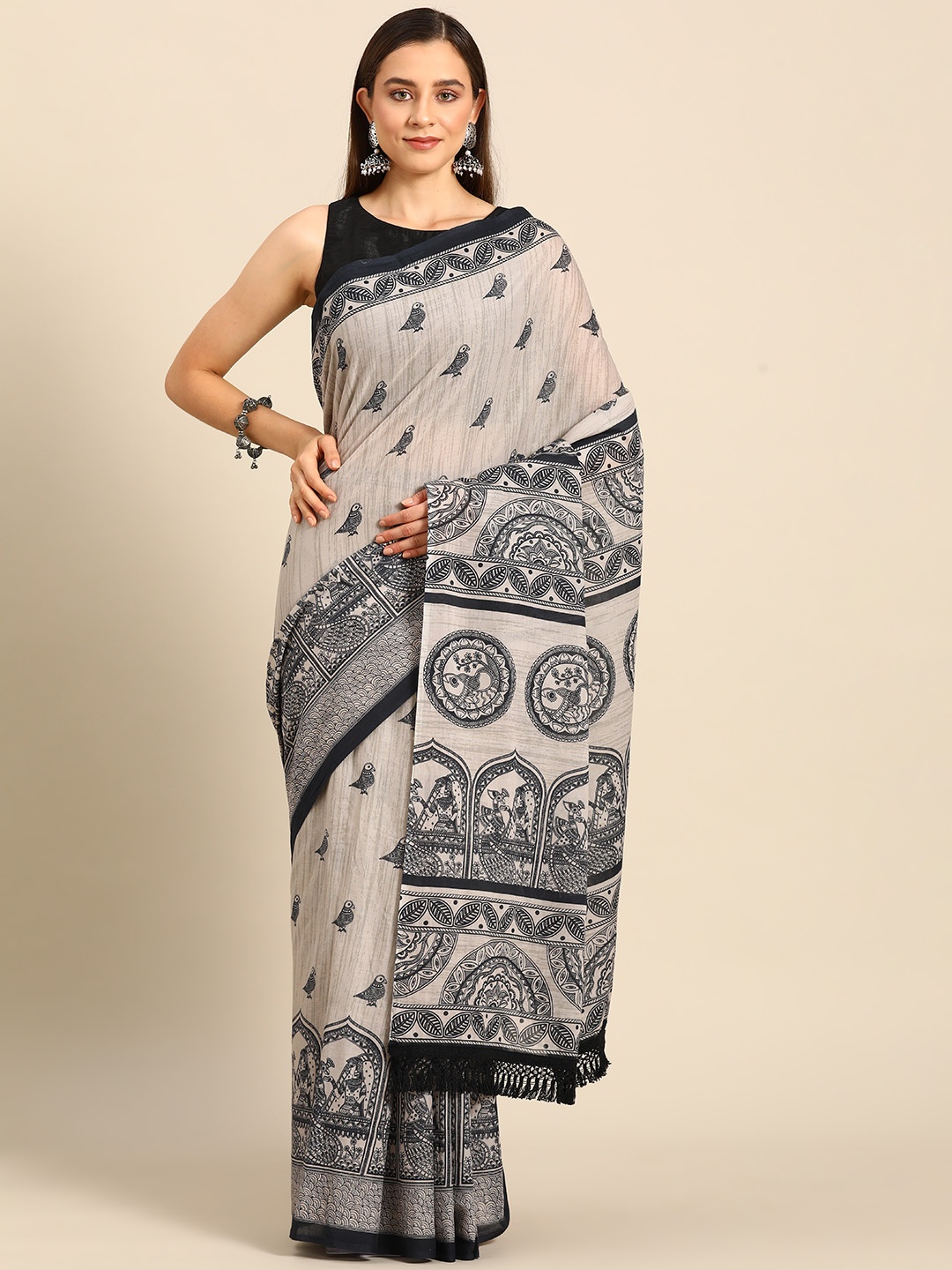 

BUTA BUTI Ethnic Motifs Printed Pure Cotton Saree, Beige