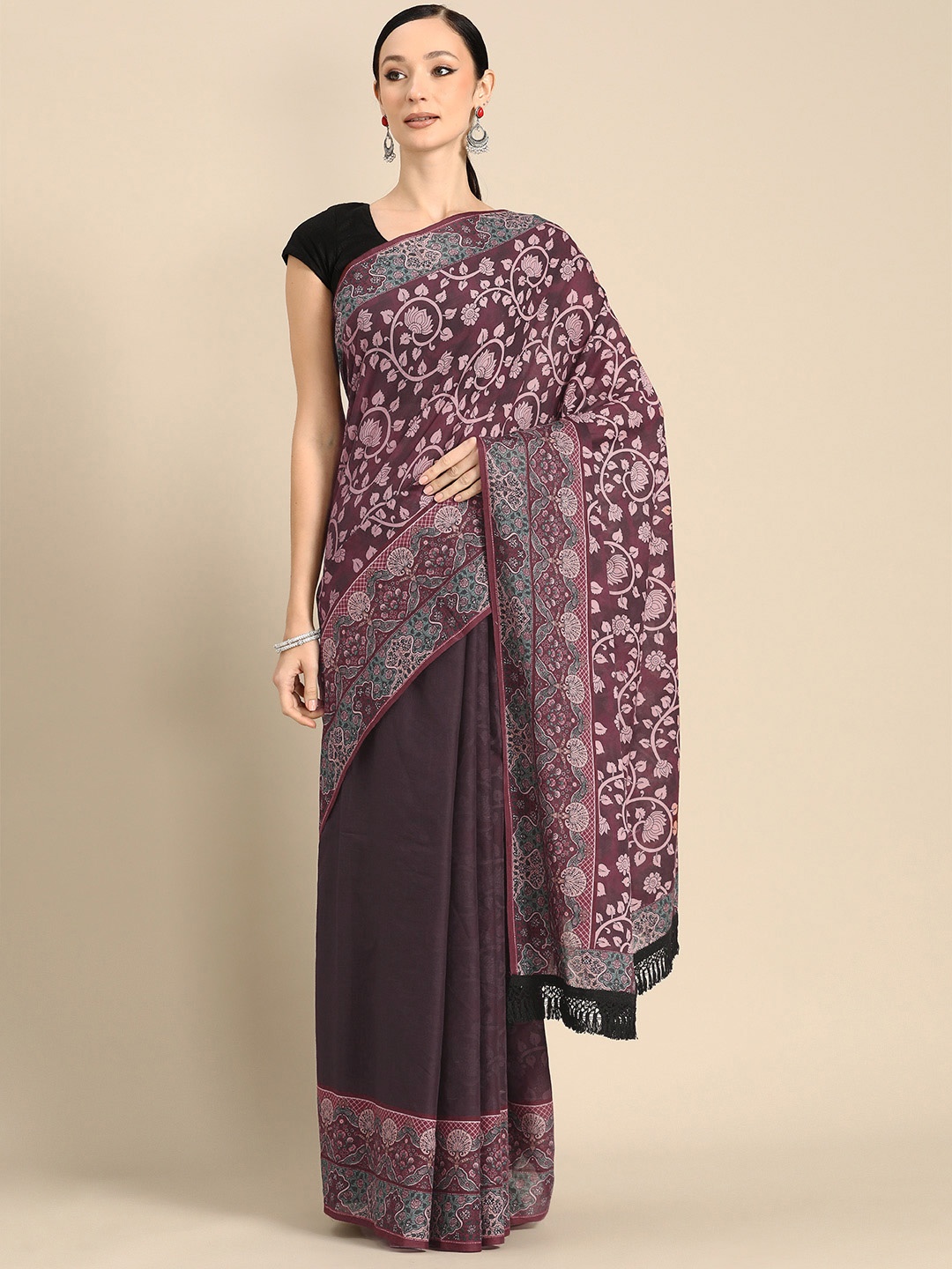 

BUTA BUTI Floral Printed Pure Cotton Saree With Unstitched Blouse And Lace, Maroon