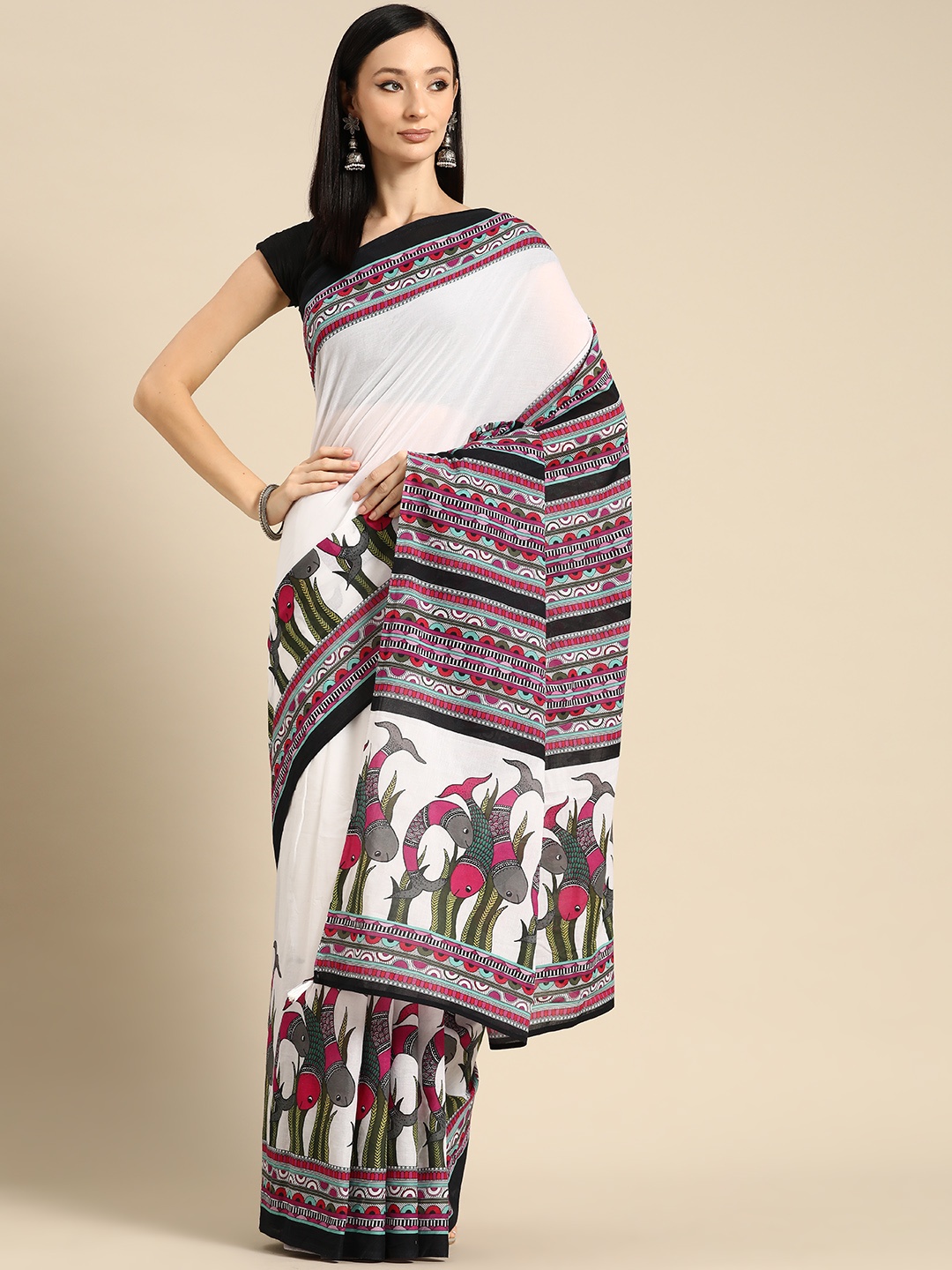 

BUTA BUTI Abstract Printed Pure Cotton Saree With Unstitched Blouse And Lace, Pink