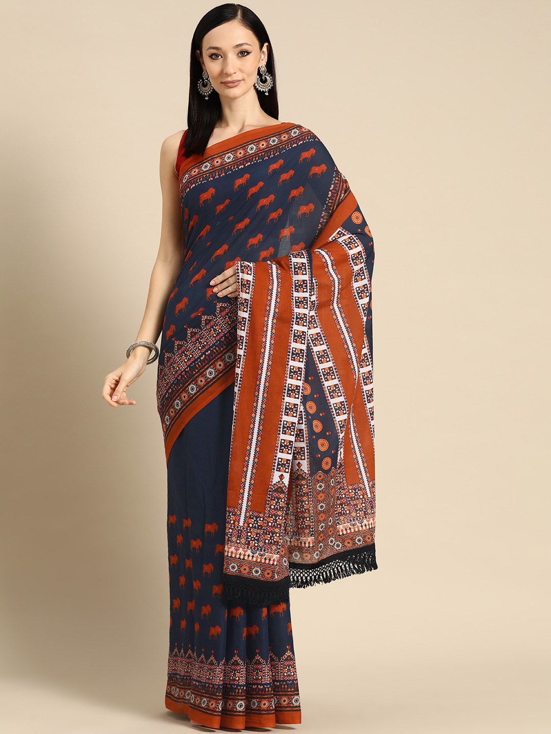 

BUTA BUTI Abstract Printed Pure Cotton Saree With Unstitched Blouse And Lace, Blue