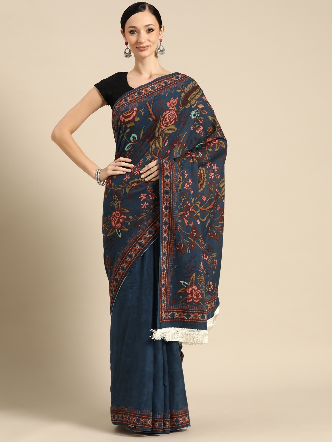 

BUTA BUTI Floral Printed Pure Cotton Saree With Unstitched Blouse And Lace, Blue