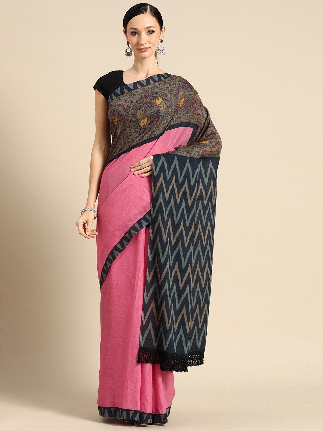 

BUTA BUTI Floral Printed Pure Cotton Saree With Unstitched Blouse And Lace, Pink
