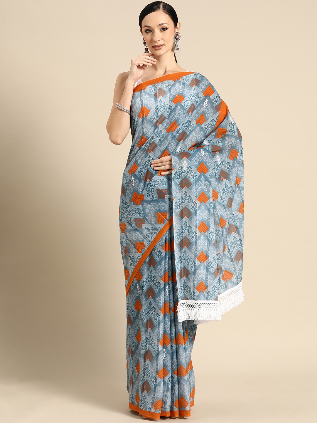 

BUTA BUTI Abstract Printed Pure Cotton Saree With Unstitched Blouse And Lace, Blue