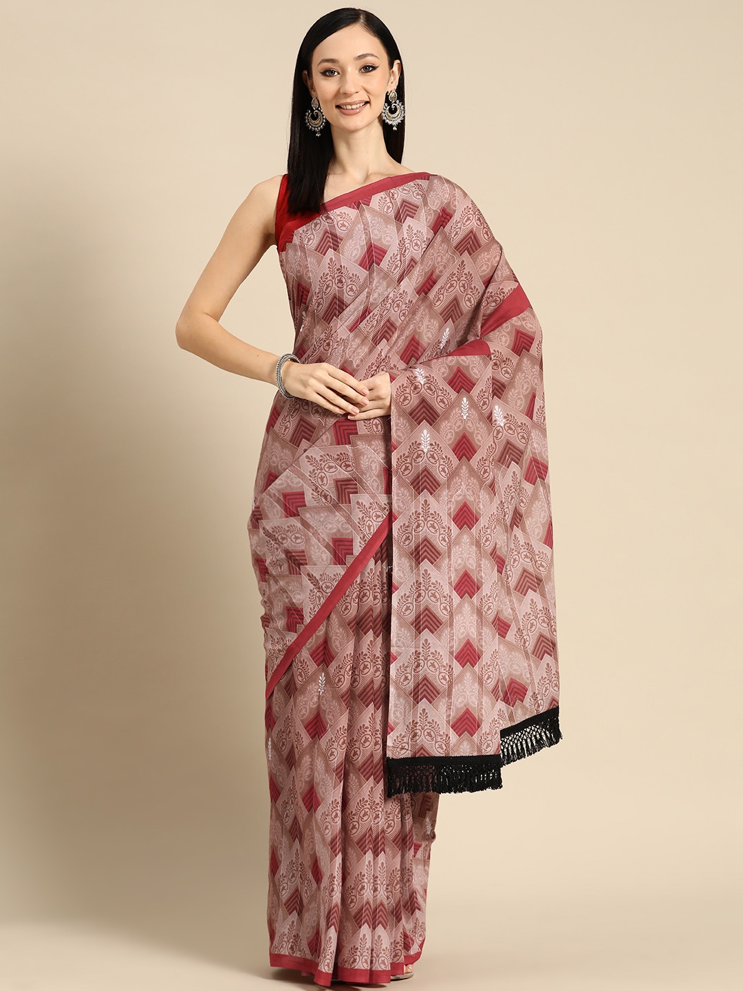 

BUTA BUTI Abstract Printed Pure Cotton Saree With Unstitched Blouse And Lace, Brown