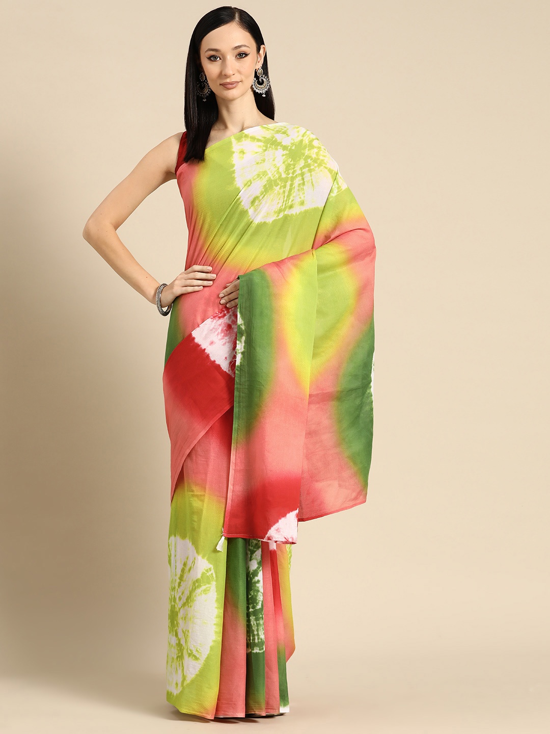 

BUTA BUTI Tie and Dye Printed Pure Cotton Saree With Unstitched Blouse And Lace, Multi