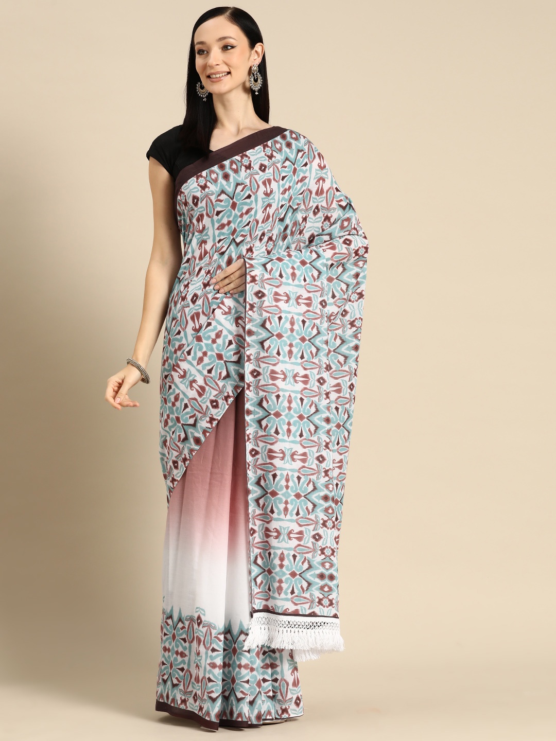 

BUTA BUTI Abstract Printed Pure Cotton Saree With Unstitched Blouse And Lace, Teal