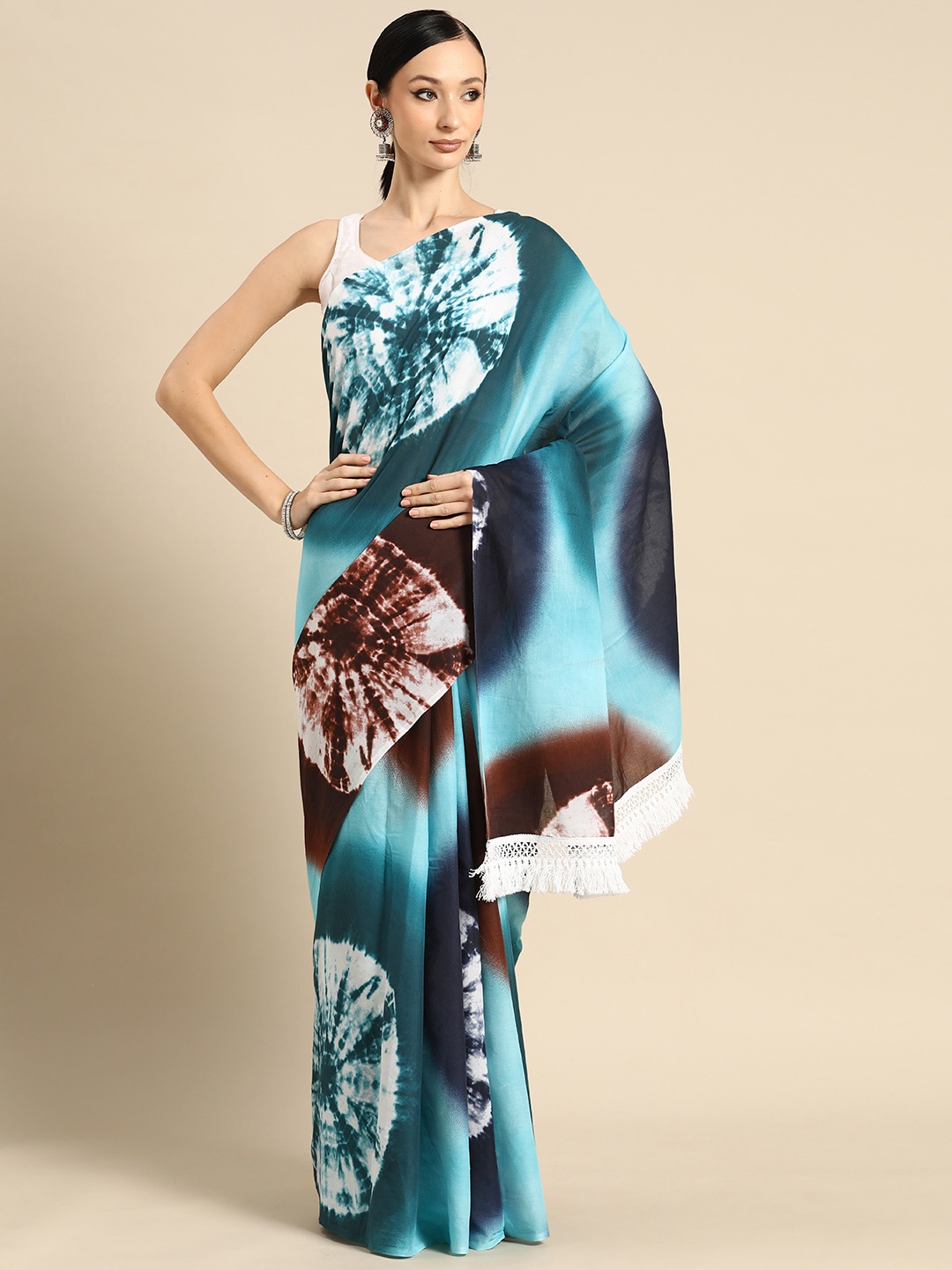 

BUTA BUTI Tie and Dye Printed Pure Cotton Saree With Unstitched Blouse And Lace, Blue