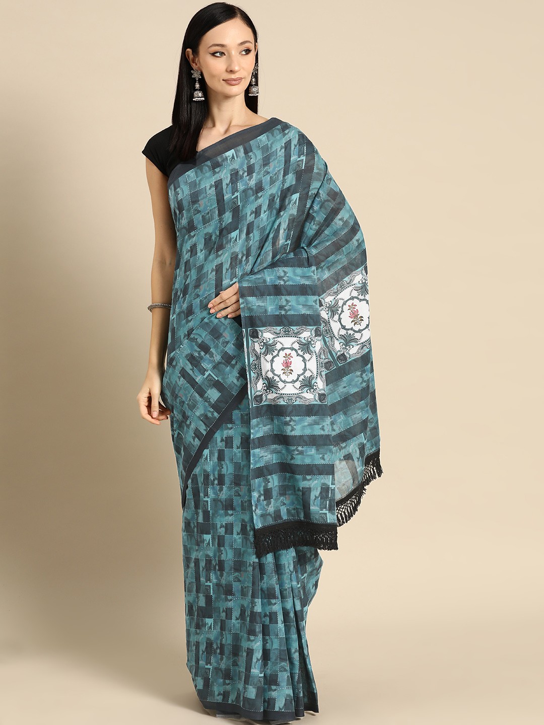 

BUTA BUTI Abstract Printed Pure Cotton Saree With Unstitched Blouse And Lace, Blue