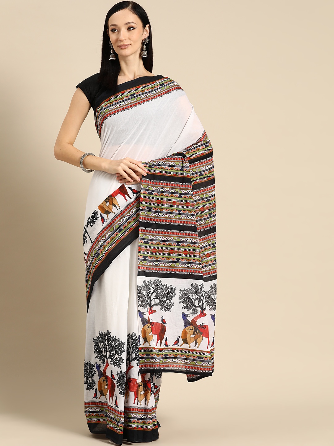 

BUTA BUTI Abstract Printed Pure Cotton Saree With Unstitched Blouse And Lace, White