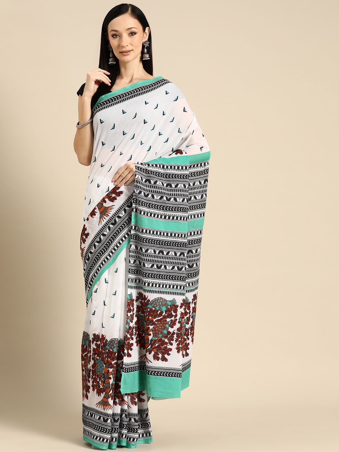 

BUTA BUTI Abstract Printed Pure Cotton Saree With Unstitched Blouse And Lace, Green