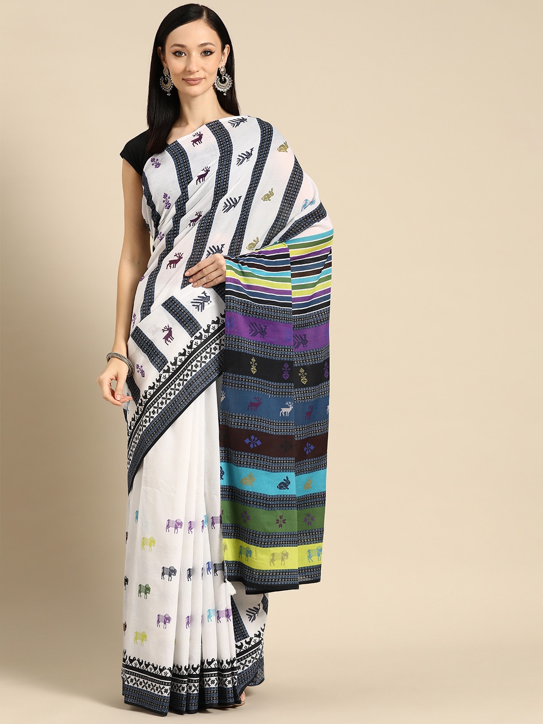 

BUTA BUTI Abstract Printed Pure Cotton Saree With Unstitched Blouse And Lace, White