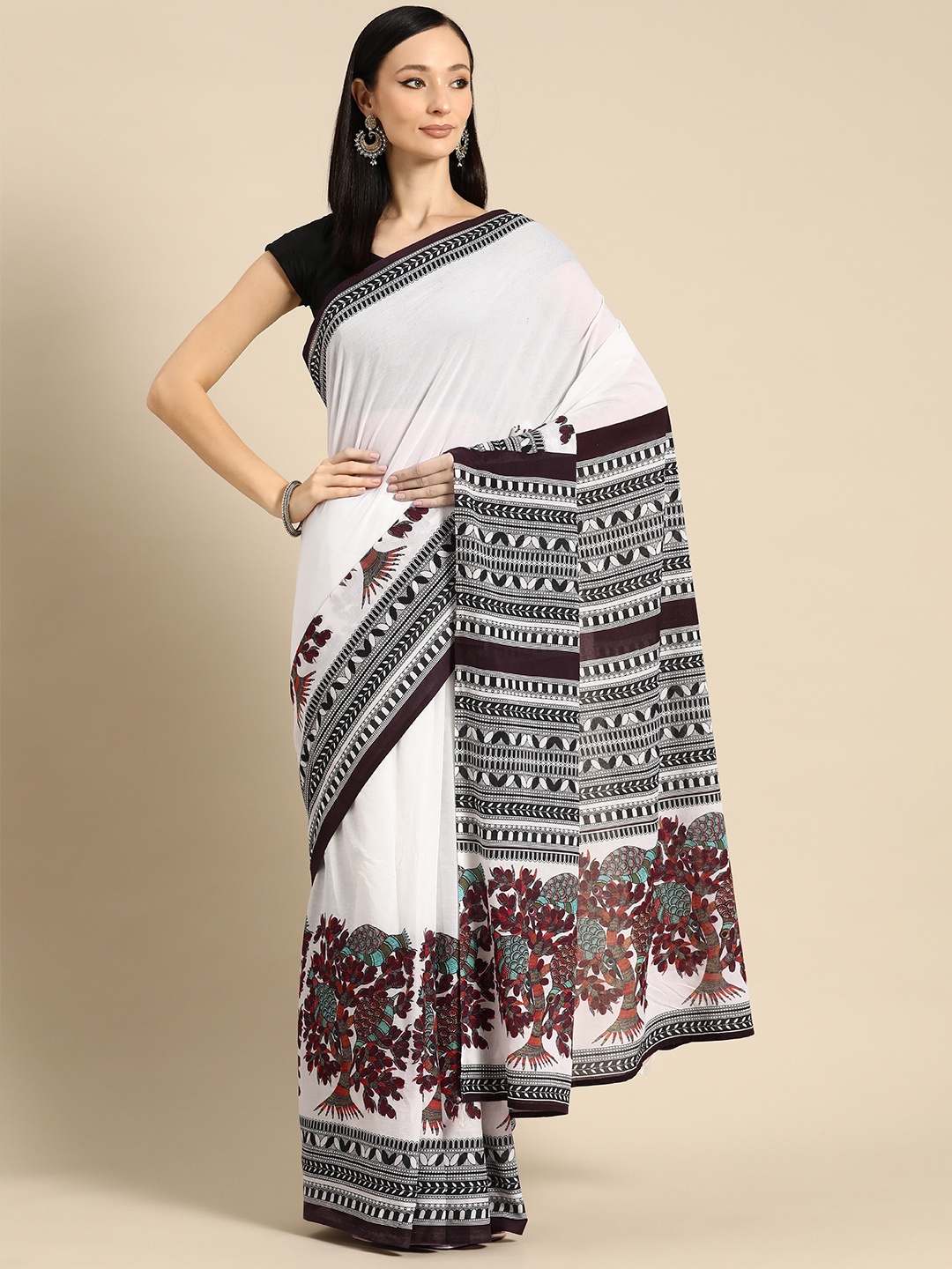 

BUTA BUTI Abstract Printed Pure Cotton Saree With Unstitched Blouse And Lace, White