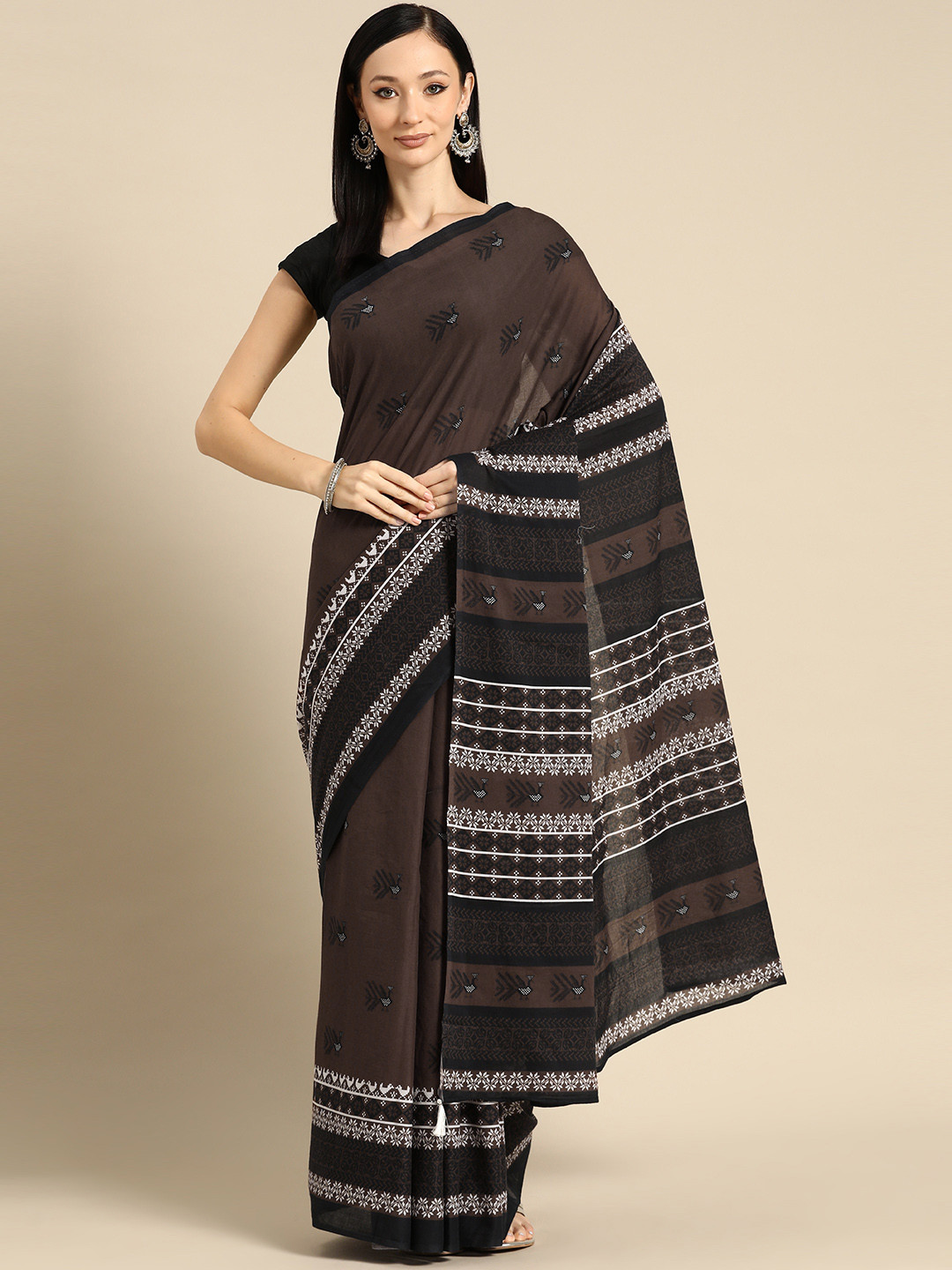 

BUTA BUTI Abstract Printed Pure Cotton Saree With Unstitched Blouse And Lace, Brown