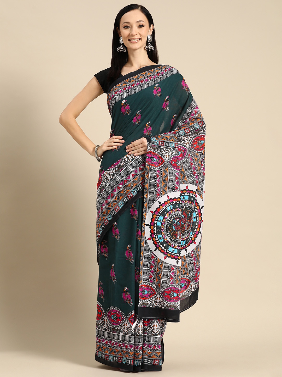 

BUTA BUTI Abstract Printed Pure Cotton Saree With Unstitched Blouse And Lace, Green