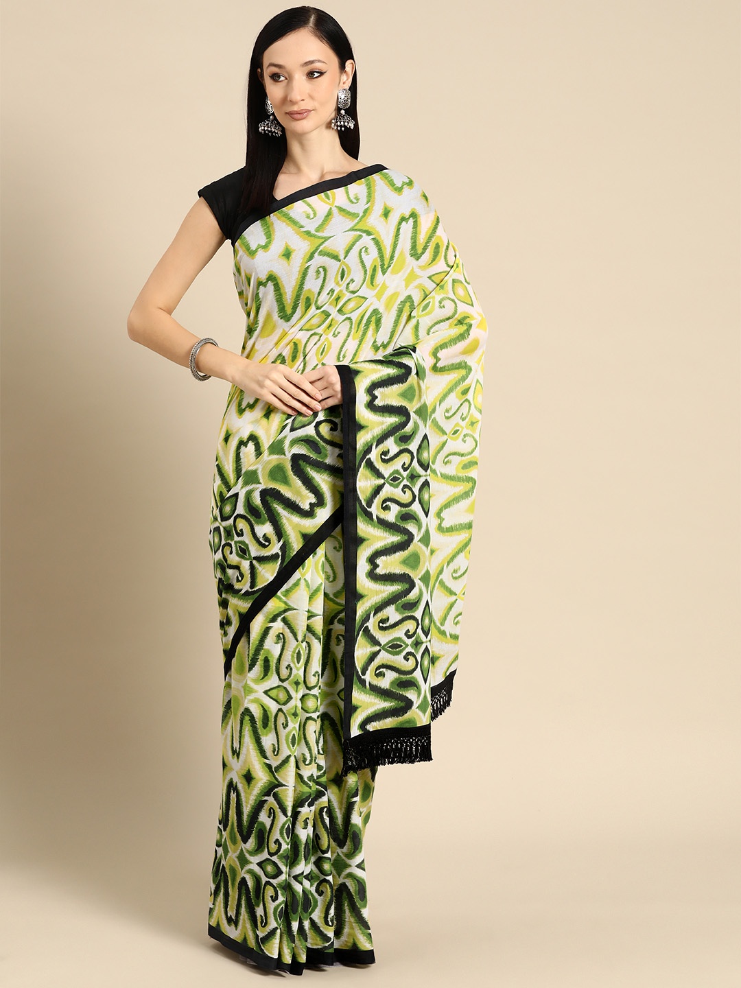 

BUTA BUTI Floral Printed Pure Cotton Saree With Unstitched Blouse And Lace, Green