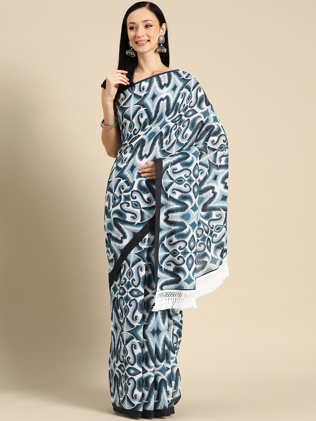 

BUTA BUTI Abstract Printed Pure Cotton Saree With Unstitched Blouse And Lace, Blue