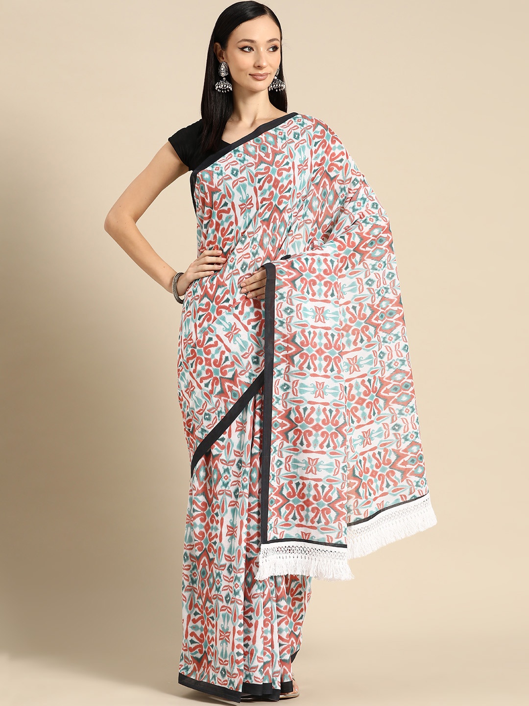 

BUTA BUTI Abstract Printed Pure Cotton Saree With Unstitched Blouse And Lace, Green