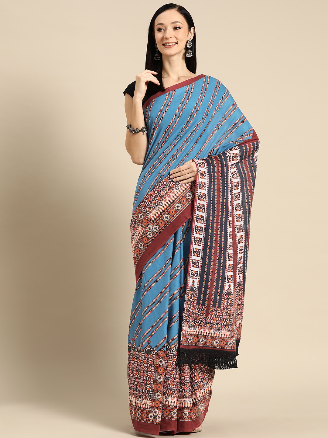 

BUTA BUTI Abstract Printed Pure Cotton Saree With Unstitched Blouse And Lace, Blue