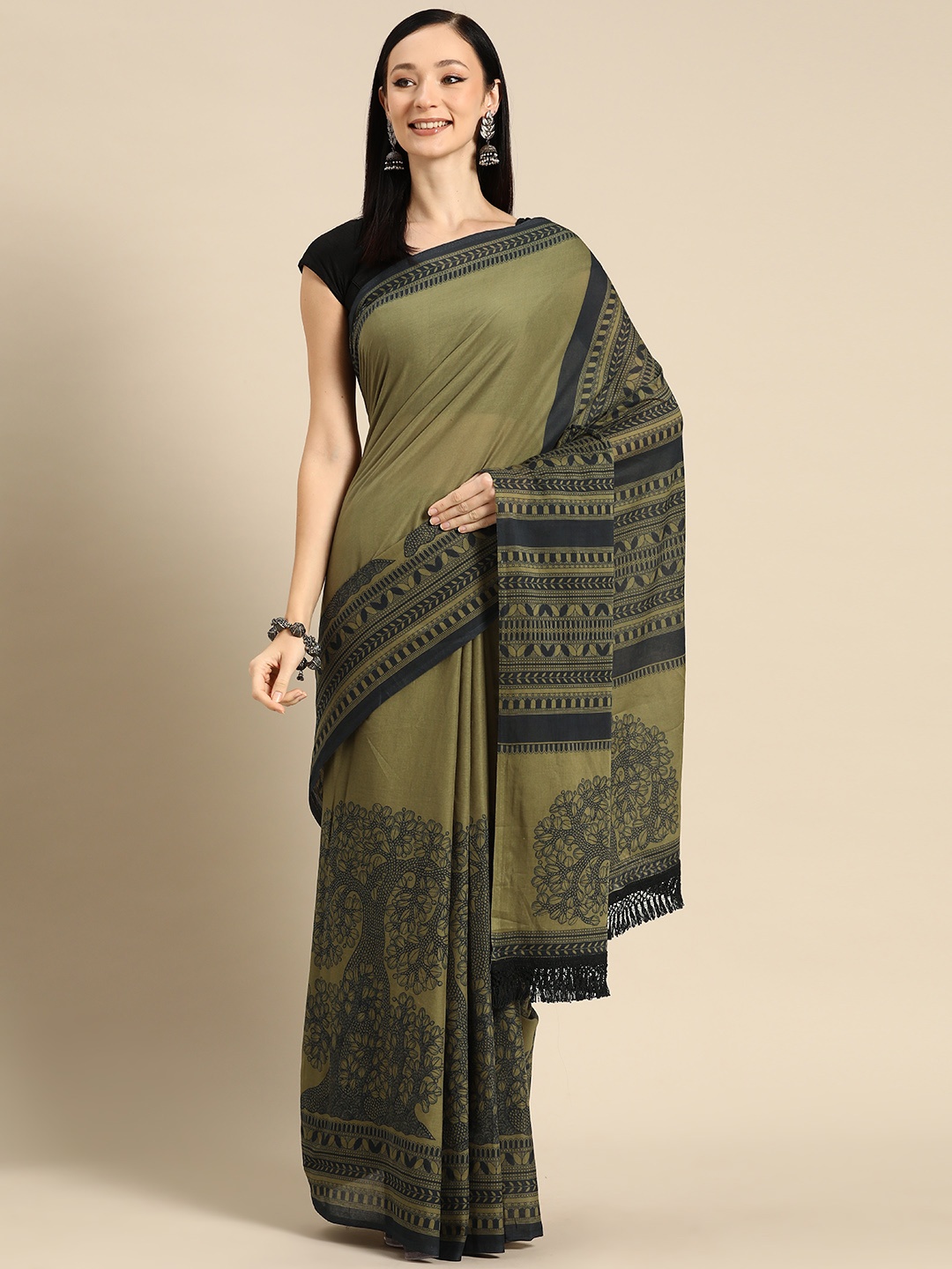 

BUTA BUTI Floral Printed Pure Cotton Saree With Unstitched Blouse And Lace, Olive