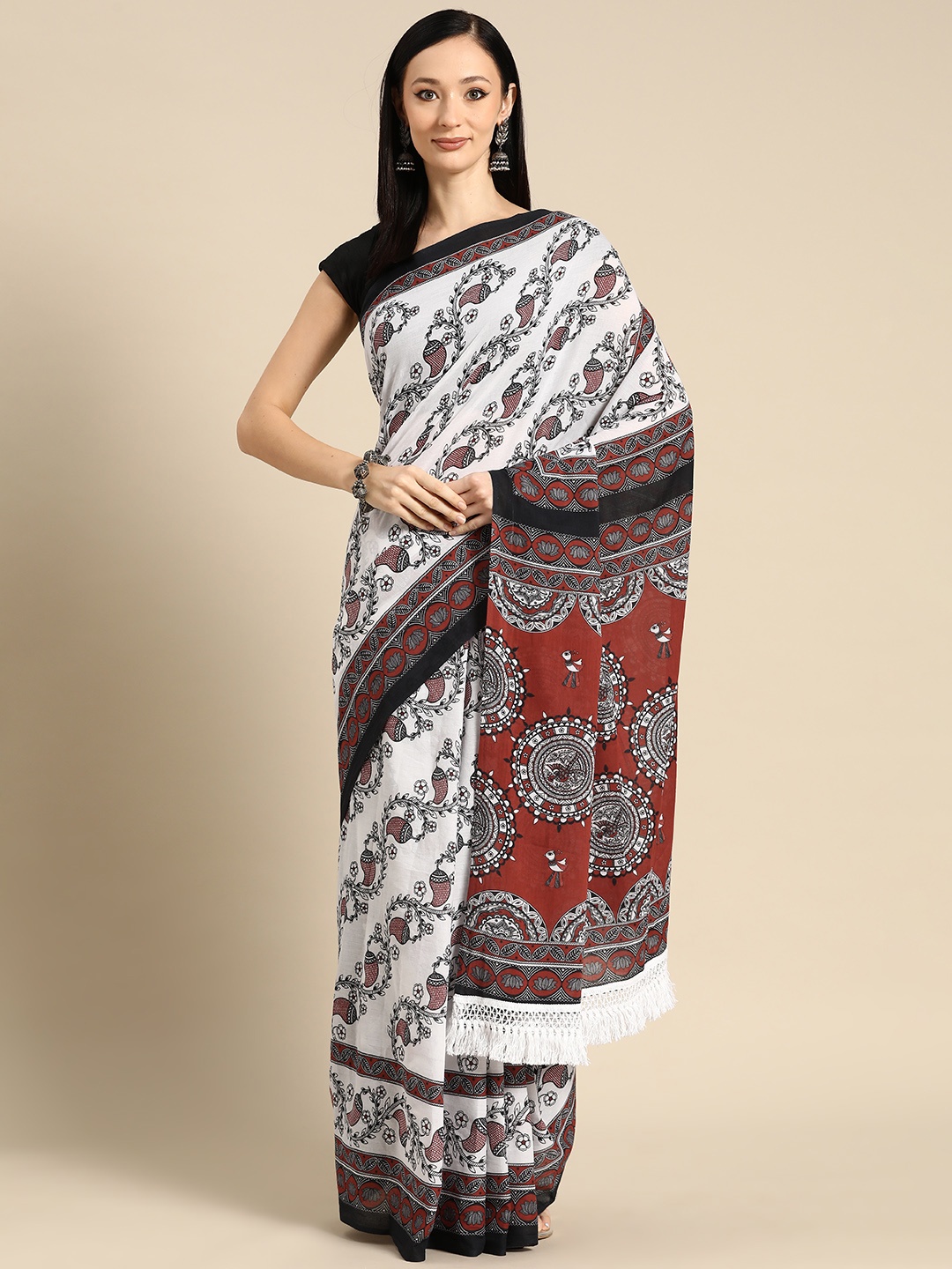 

BUTA BUTI Floral Printed Pure Cotton Saree With Unstitched Blouse And Lace, Red