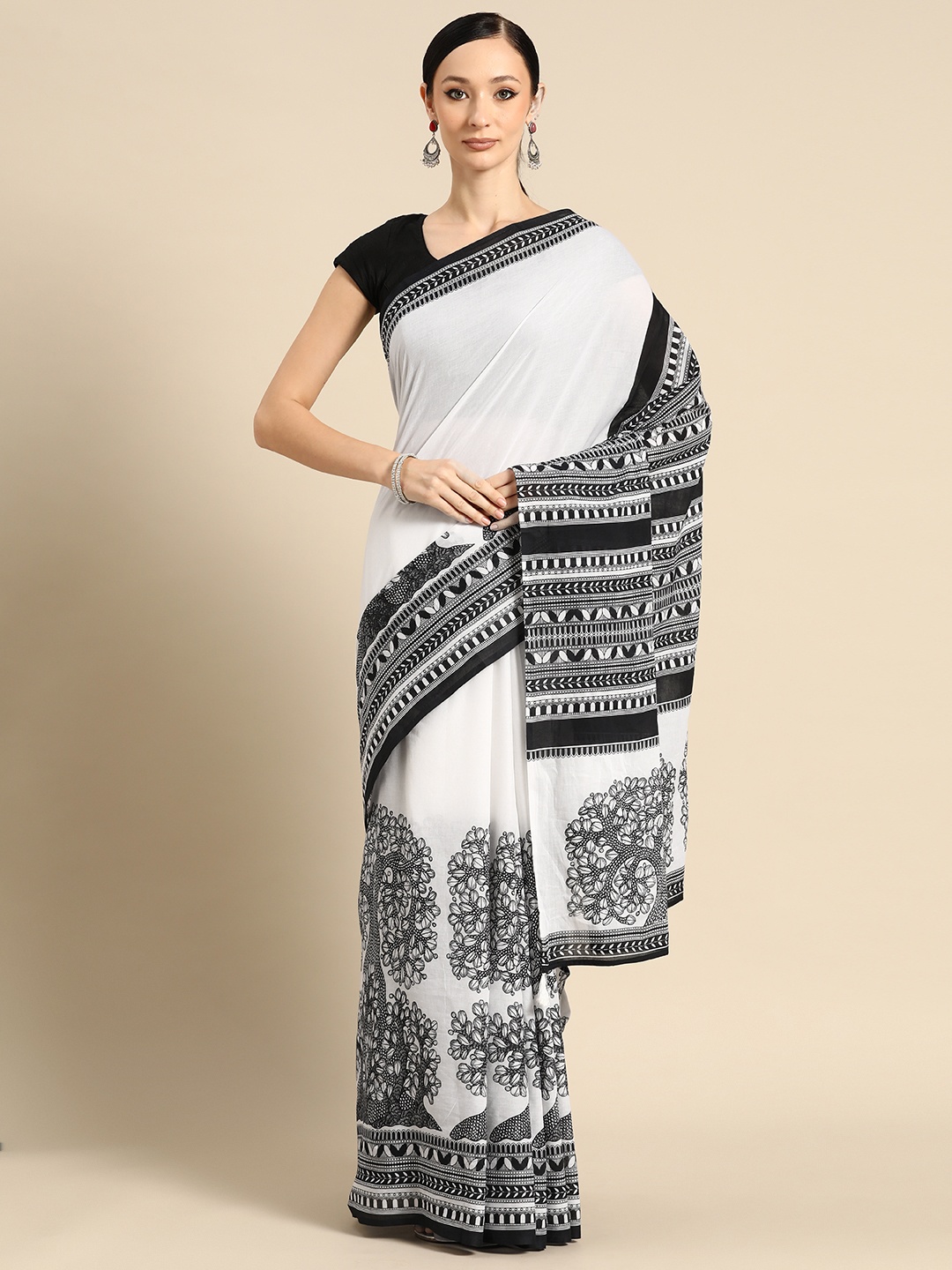 

BUTA BUTI Floral Printed Pure Cotton Saree With Unstitched Blouse And Lace, White