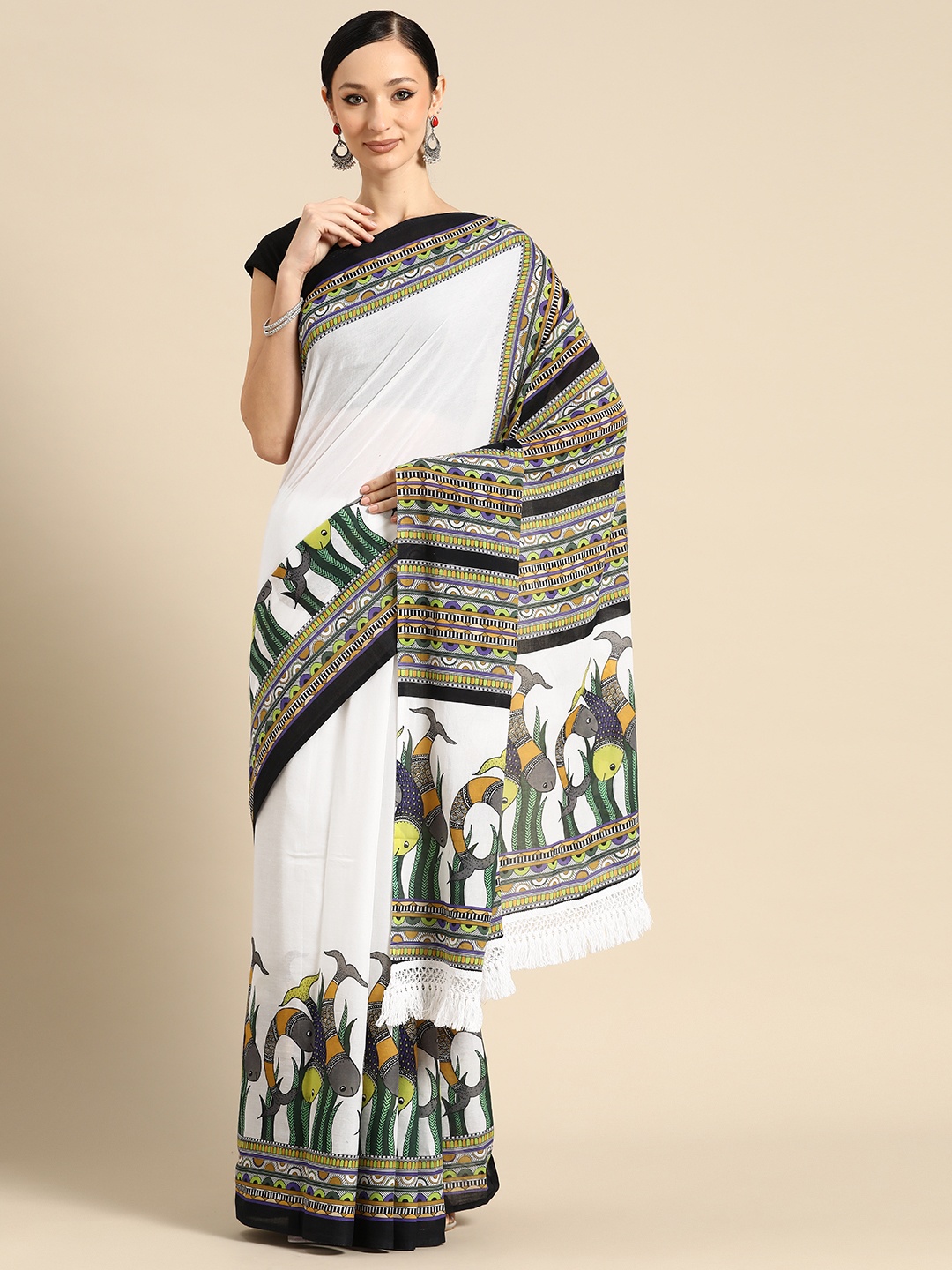 

BUTA BUTI Abstract Printed Pure Cotton Saree With Unstitched Blouse And Lace, White