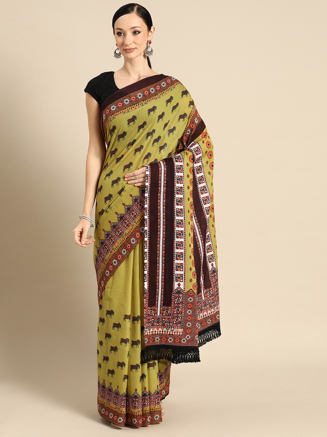 

BUTA BUTI Abstract Printed Pure Cotton Saree With Unstitched Blouse And Lace, Green