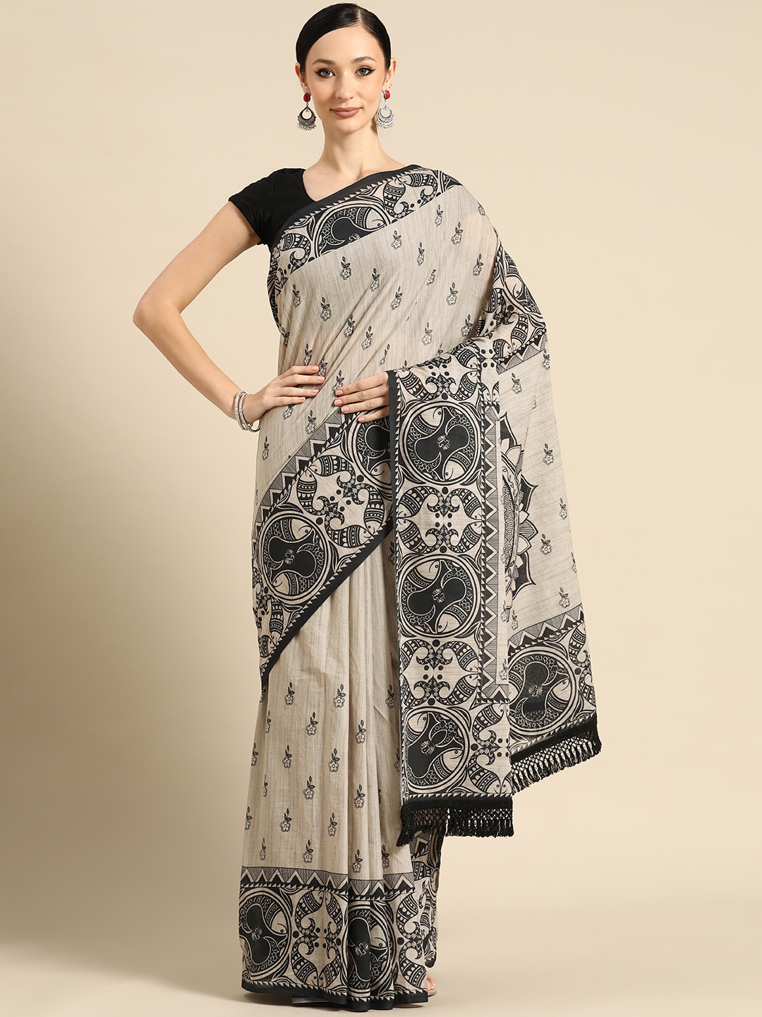 

BUTA BUTI Floral Printed Pure Cotton Saree With Unstitched Blouse And Lace, Cream