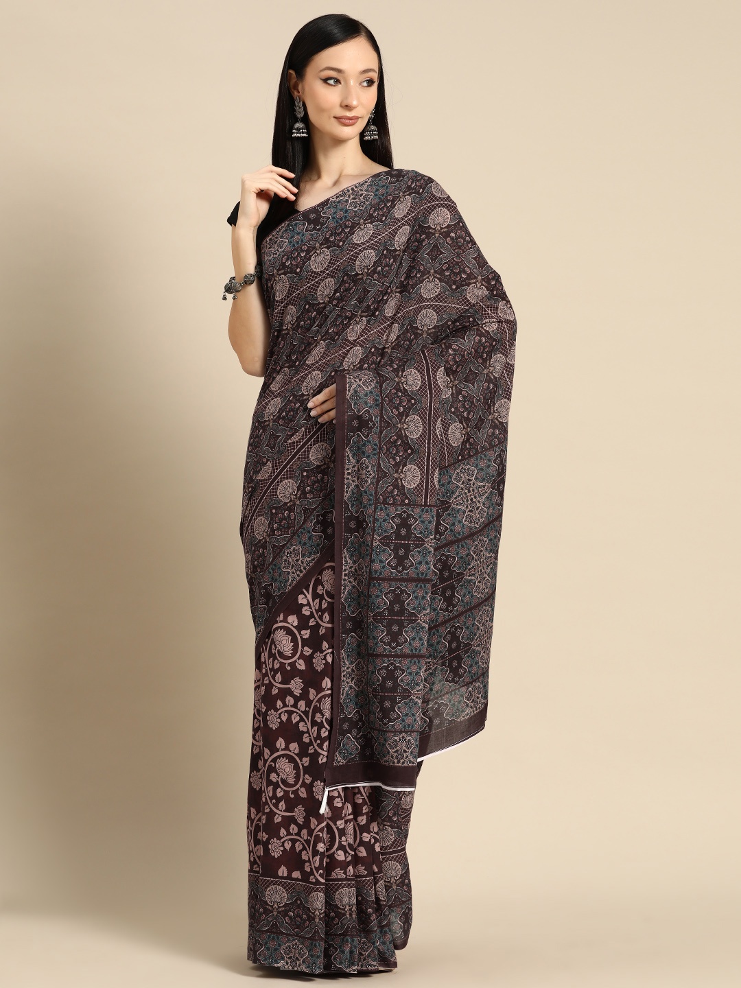 

BUTA BUTI Floral Printed Pure Cotton Saree With Unstitched Blouse And Lace, Maroon