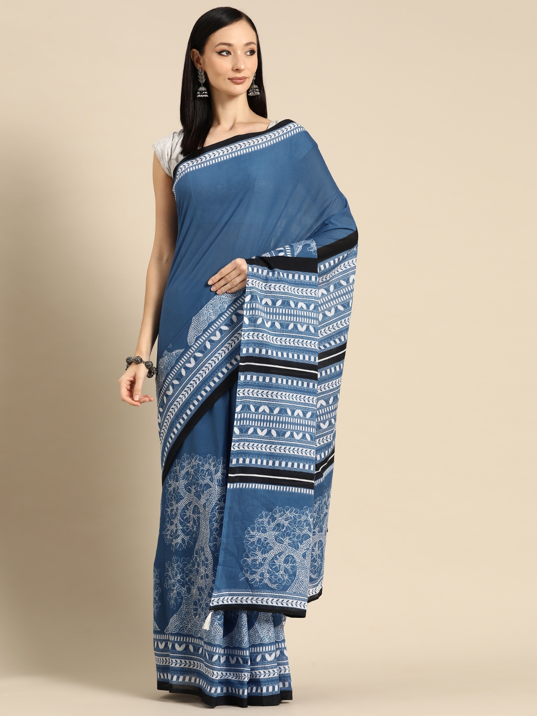 

BUTA BUTI Floral Printed Pure Cotton Saree With Unstitched Blouse And Lace, Blue