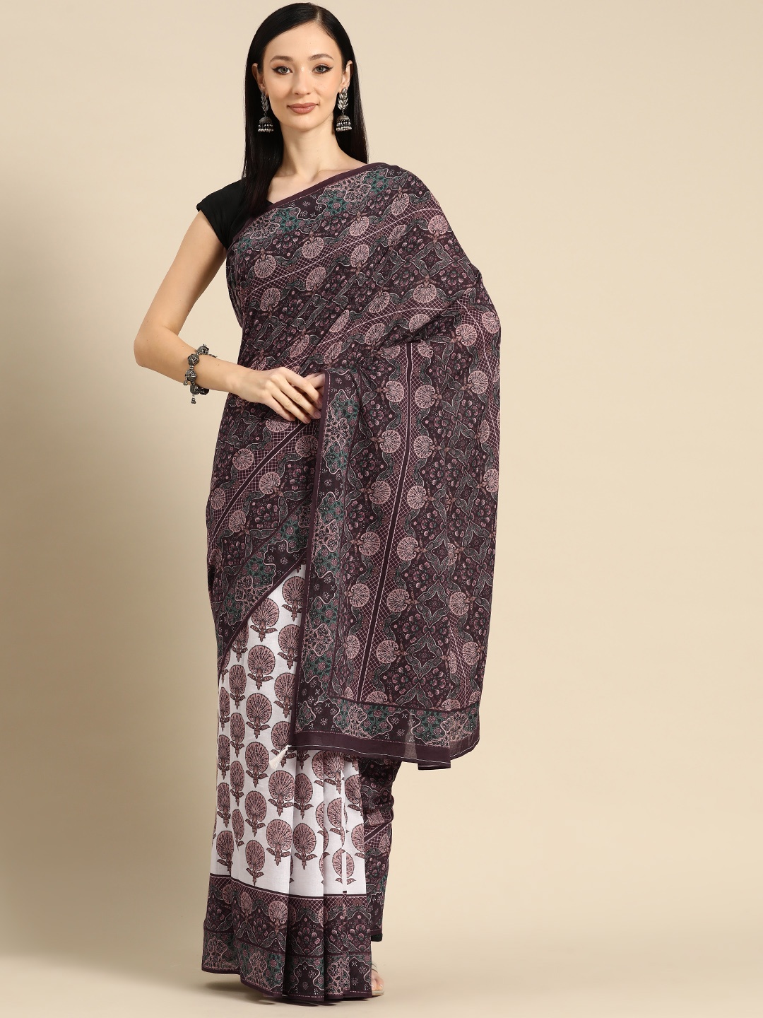 

BUTA BUTI Floral Printed Pure Cotton Saree With Unstitched Blouse And Lace, Maroon