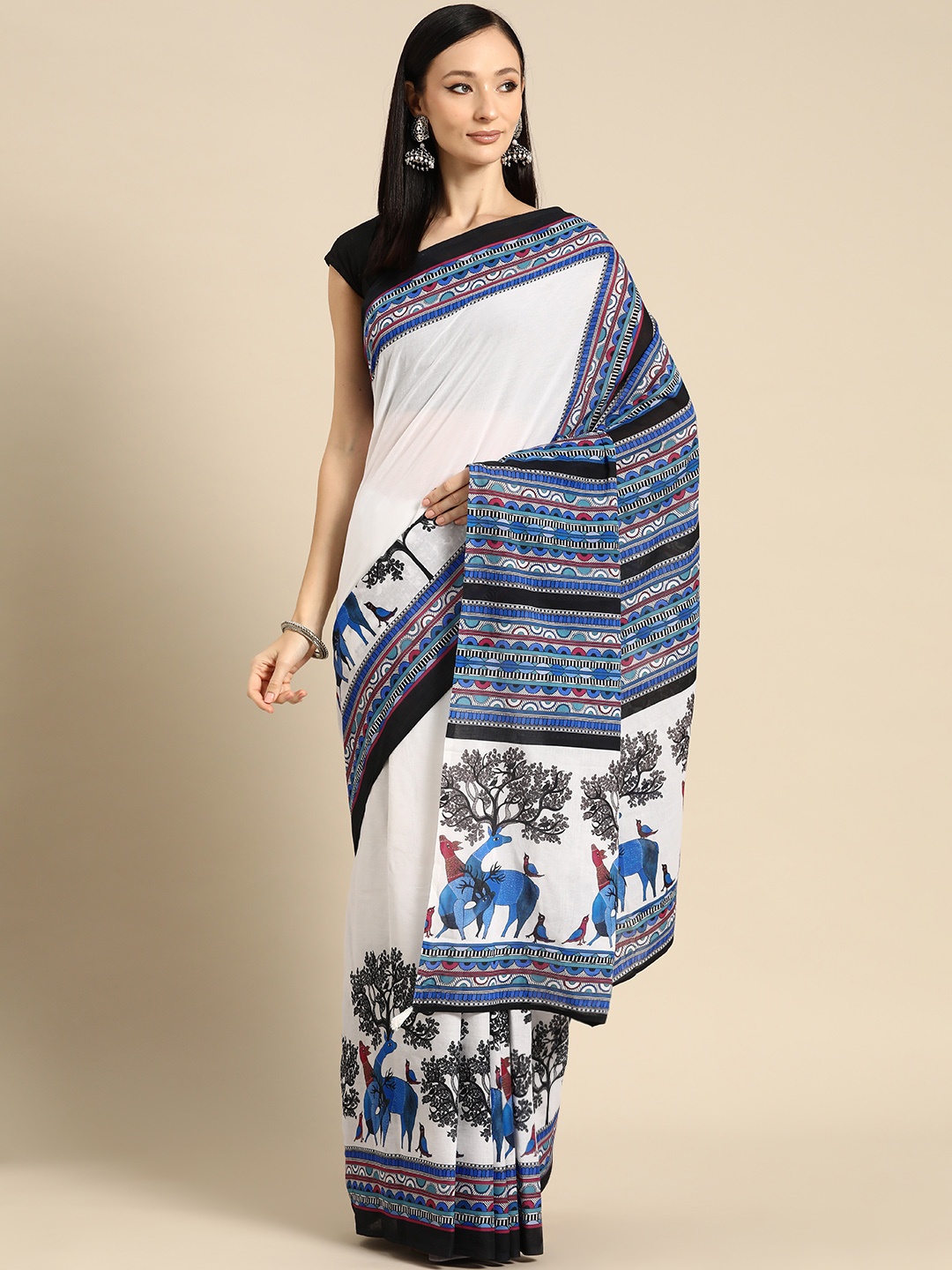 

BUTA BUTI Abstract Printed Pure Cotton Saree With Unstitched Blouse And Lace, Blue