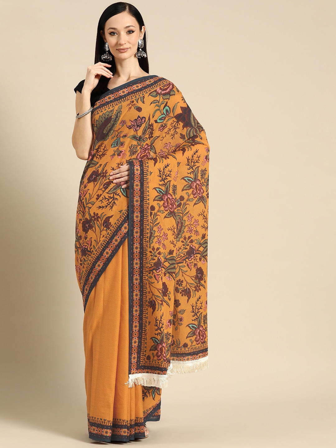 

BUTA BUTI Floral Printed Pure Cotton Saree With Unstitched Blouse And Lace, Yellow