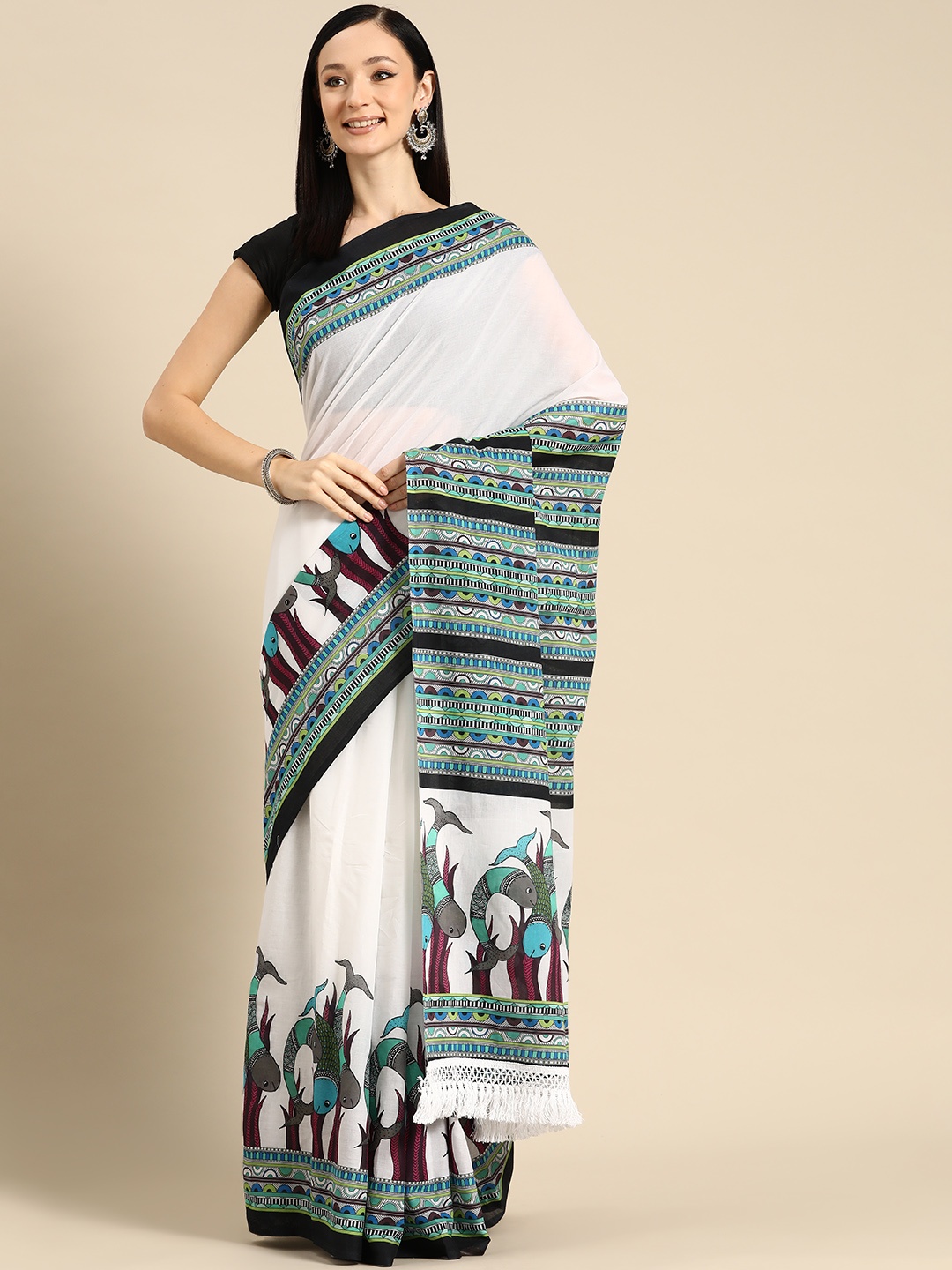 

BUTA BUTI Abstract Printed Pure Cotton Saree With Unstitched Blouse And Lace, White