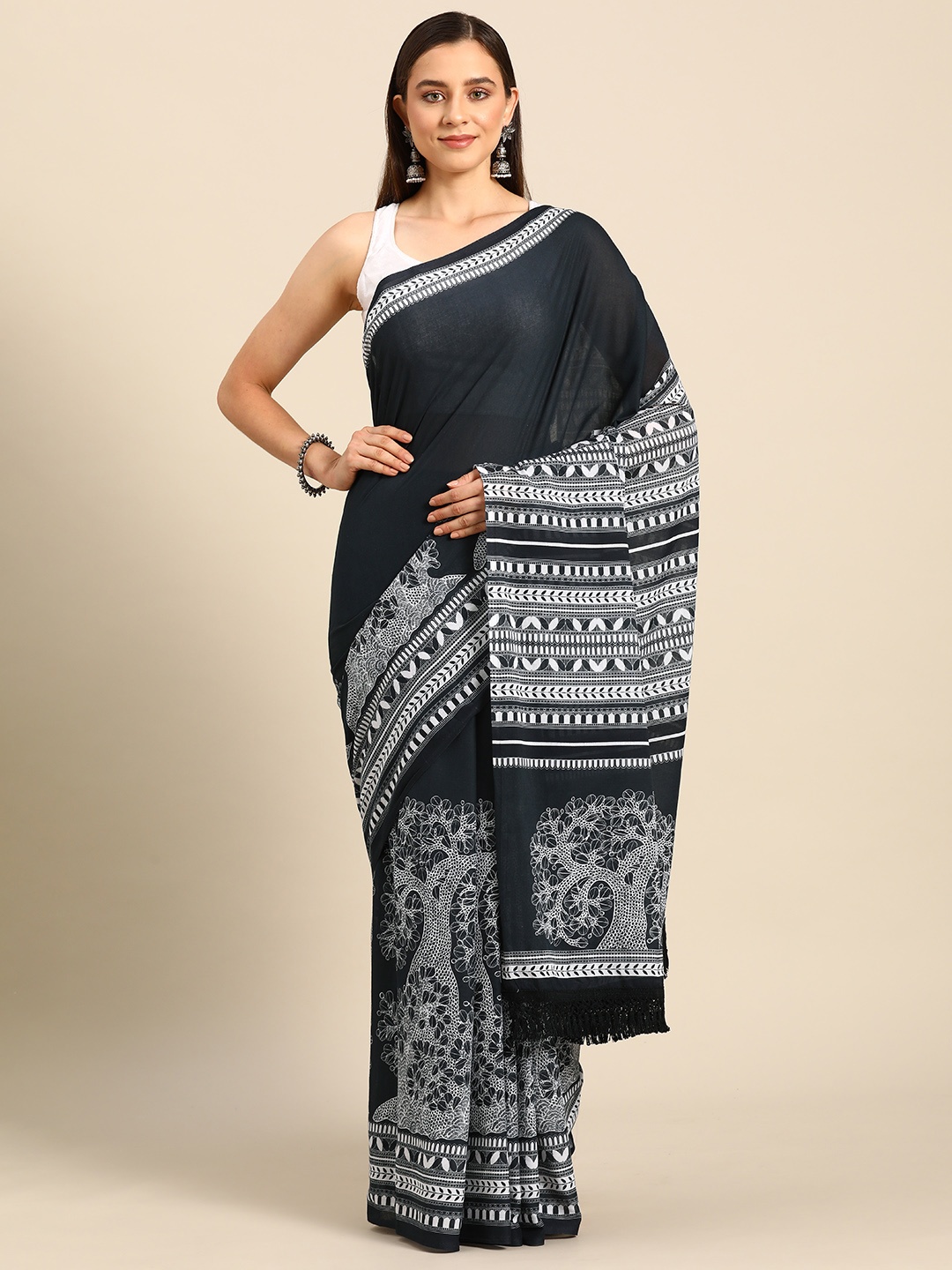 

BUTA BUTI Floral Printed Pure Cotton Saree, Black