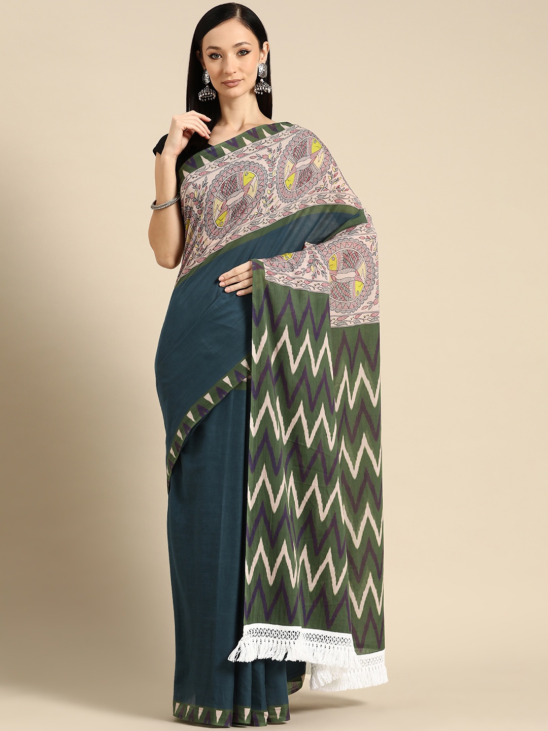 

BUTA BUTI Floral Printed Pure Cotton Saree With Unstitched Blouse And Lace, Teal