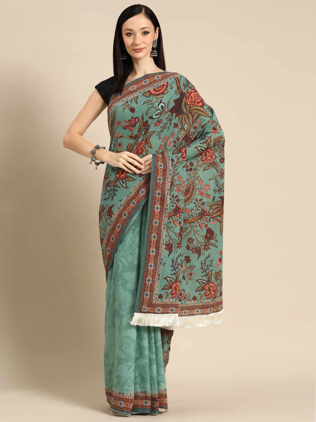 

BUTA BUTI Floral Printed Pure Cotton Saree With Unstitched Blouse And Lace, Green