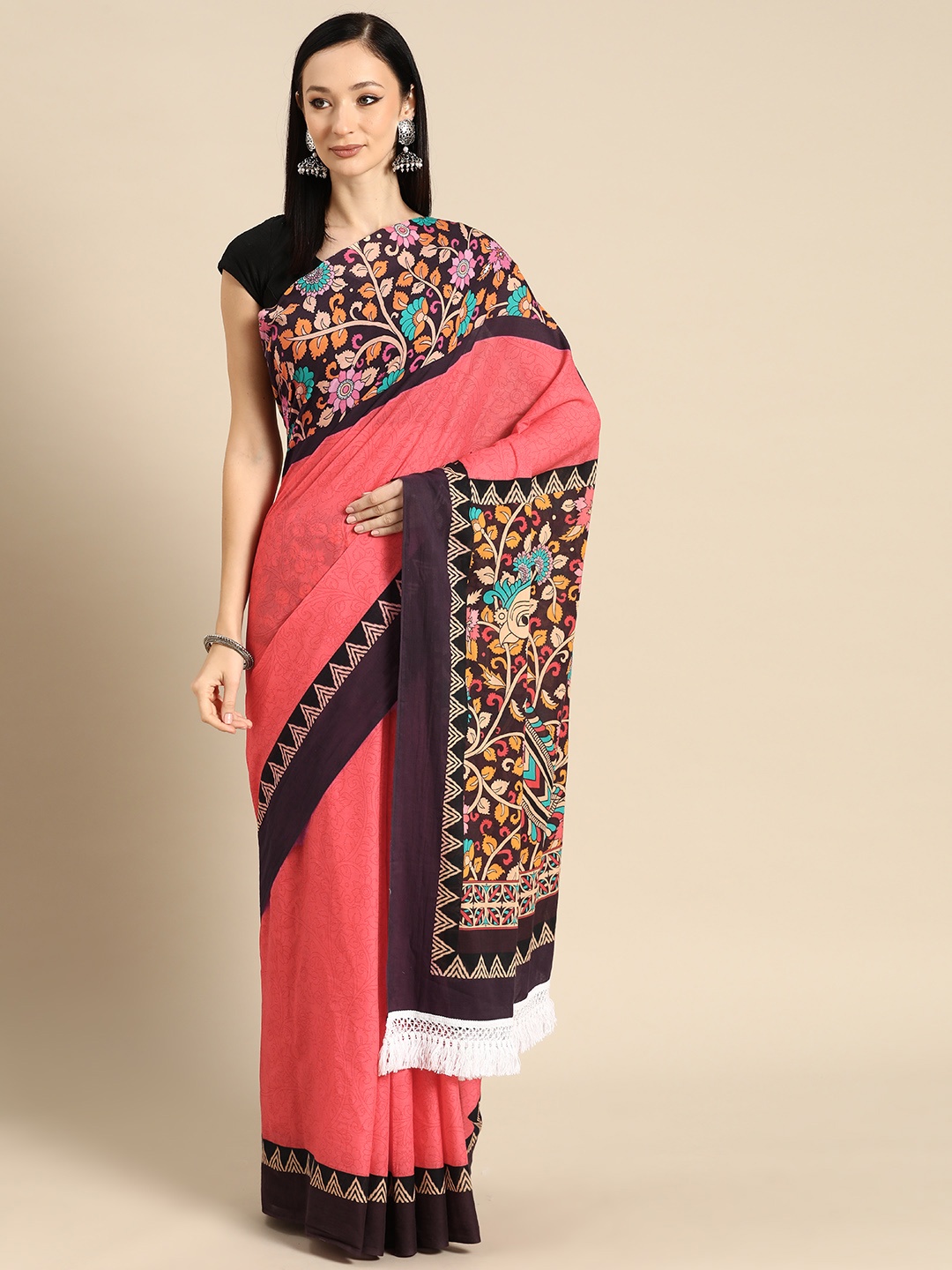 

BUTA BUTI Floral Printed Pure Cotton Saree With Unstitched Blouse And Lace, Pink