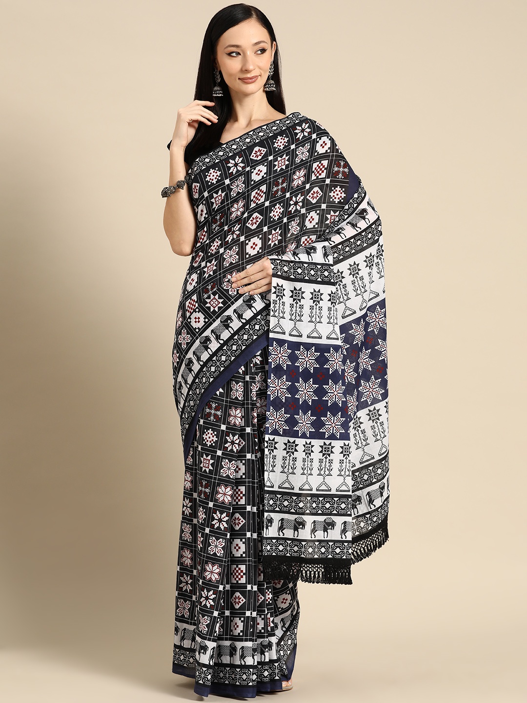 

BUTA BUTI Abstract Printed Pure Cotton Saree With Unstitched Blouse And Lace, Black