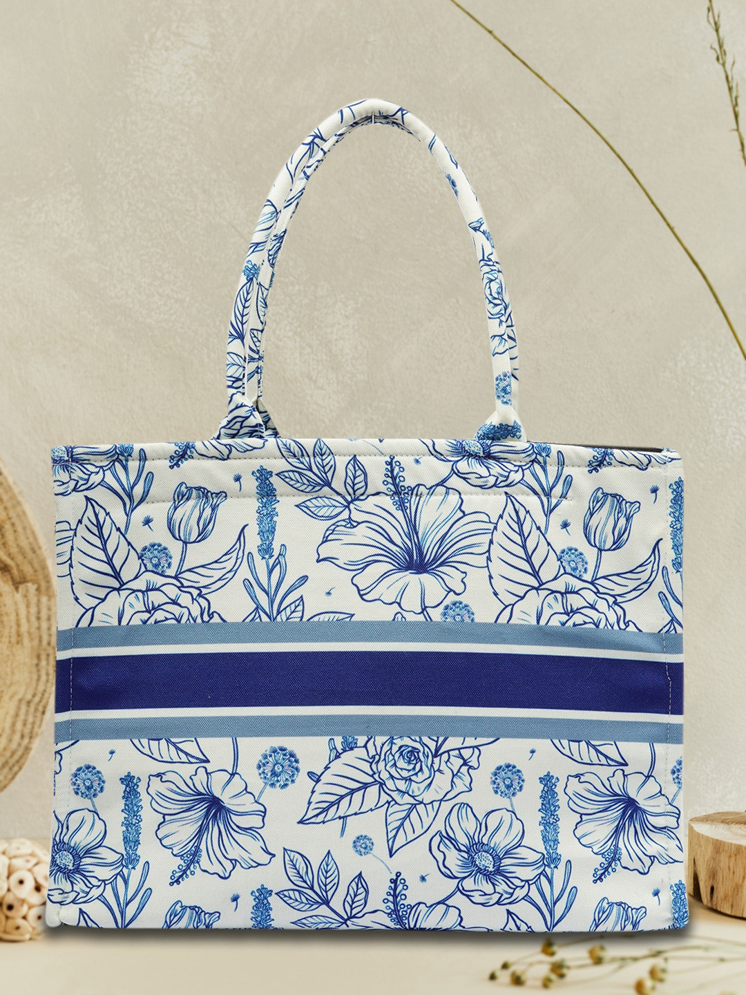 

DressBerry White Blue Floral Printed Structured Handheld Bag