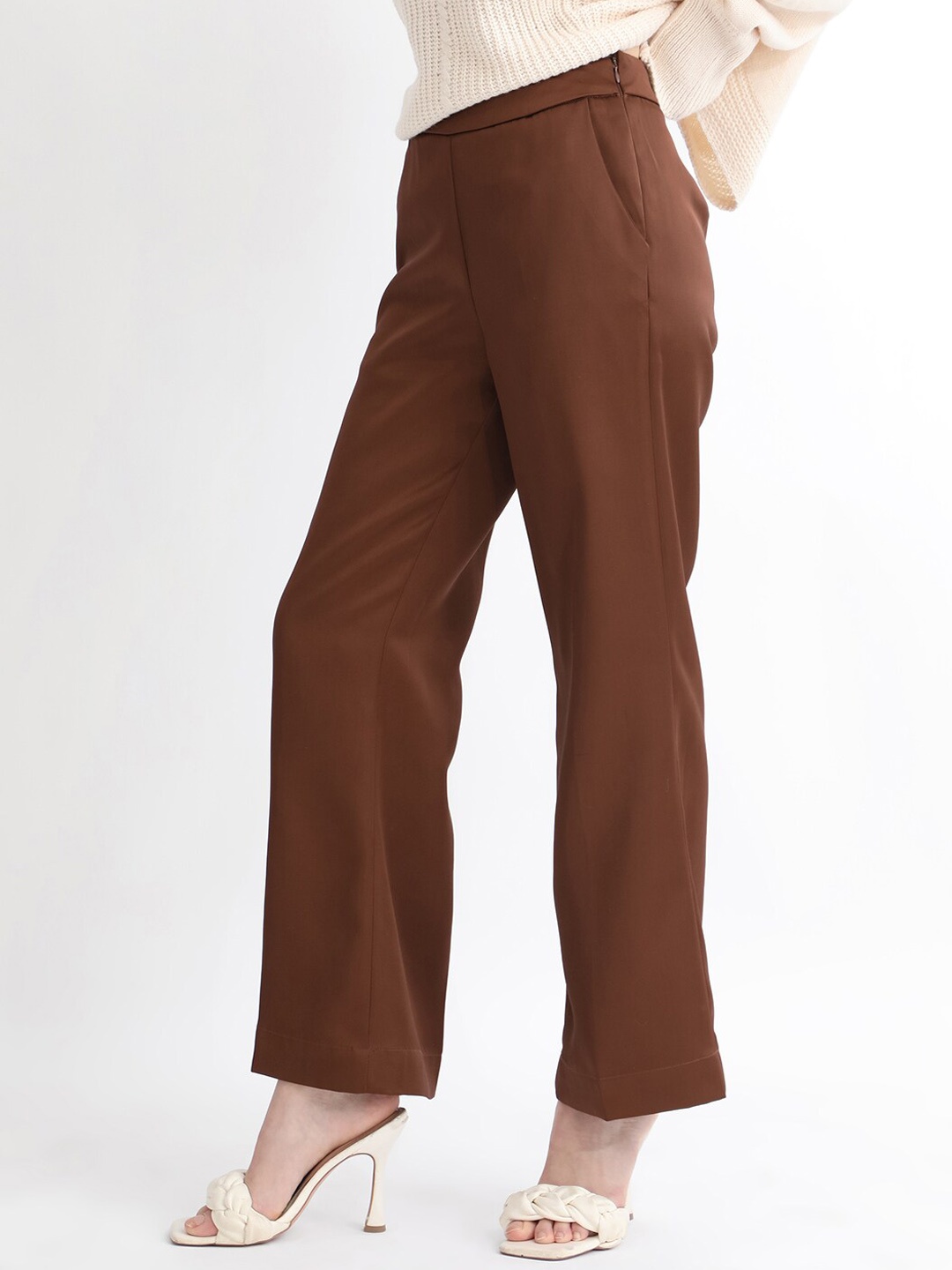 

RAREISM Women Slim Fit High-Rise Pleated Satin Bootcut Trousers, Brown