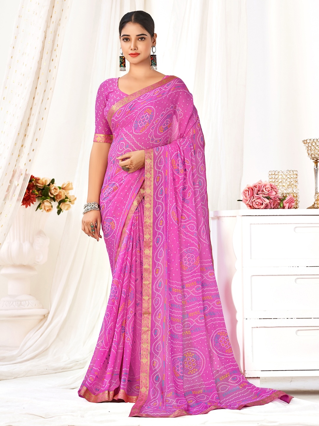 

Anouk Pink & White Bandhani Printed Zari Pure Chiffon Saree